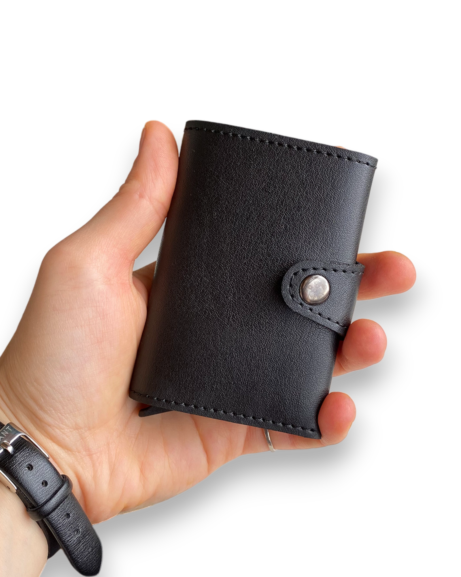 Angora Vegan Leather RFID Mechanism Card Holder in burgundy, navy, and black, showcasing its sleek design and pop-up card feature.