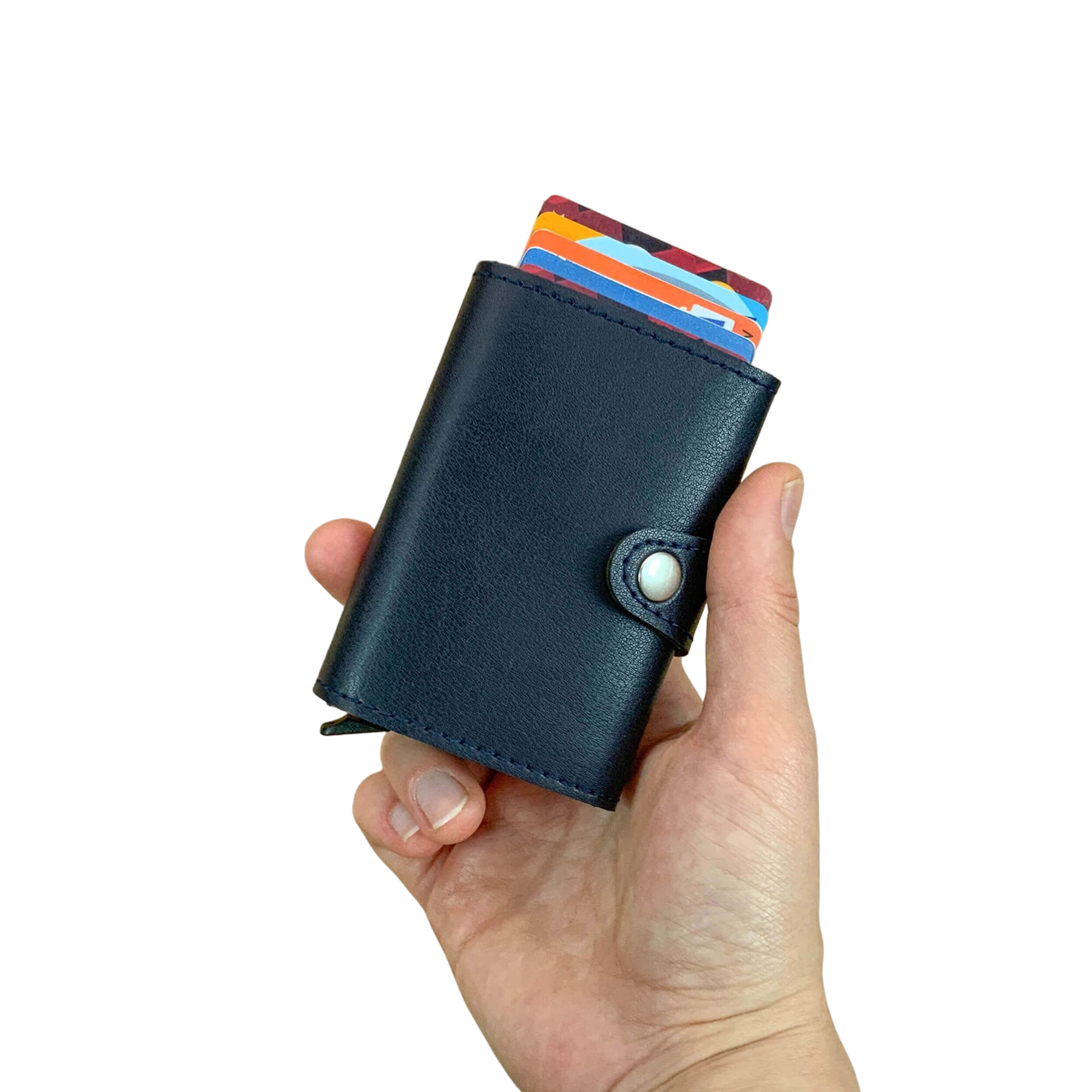 Angora Vegan Leather RFID Mechanism Card Holder in burgundy, navy, and black, showcasing its sleek design and pop-up card feature.