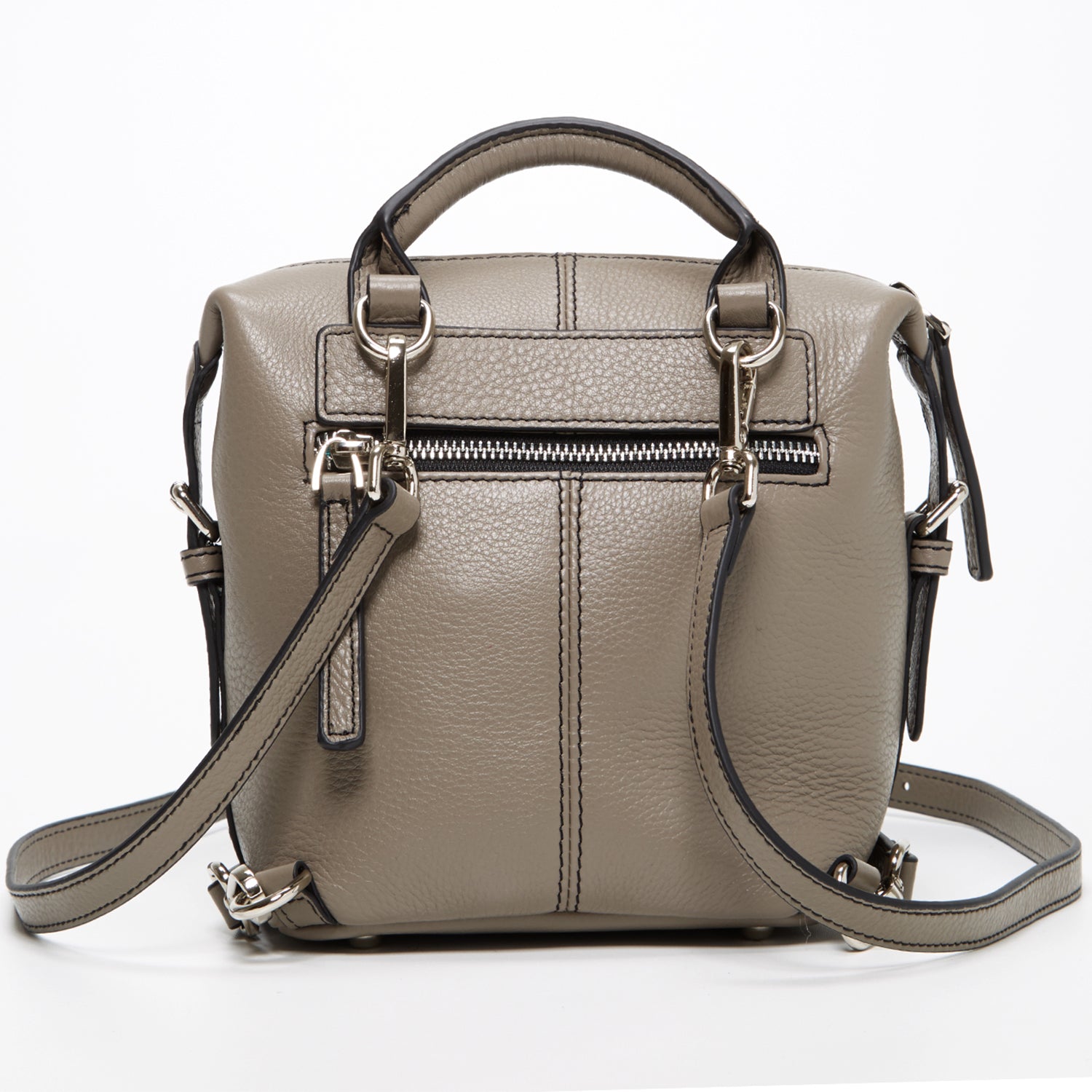 Ashley Gray Leather Backpack Purse featuring genuine pebble leather, silver zippers, and turquoise interior, showcasing its stylish and versatile design.