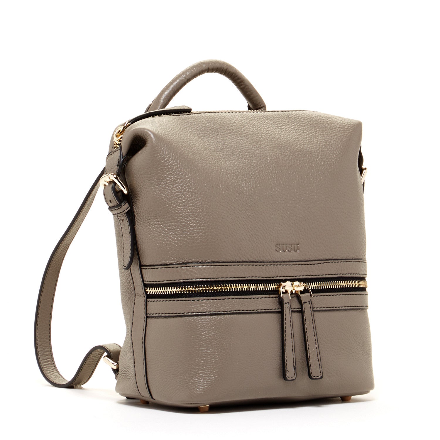 Ashley Gray Leather Backpack Purse featuring genuine pebble leather, silver zippers, and turquoise interior, showcasing its stylish and versatile design.