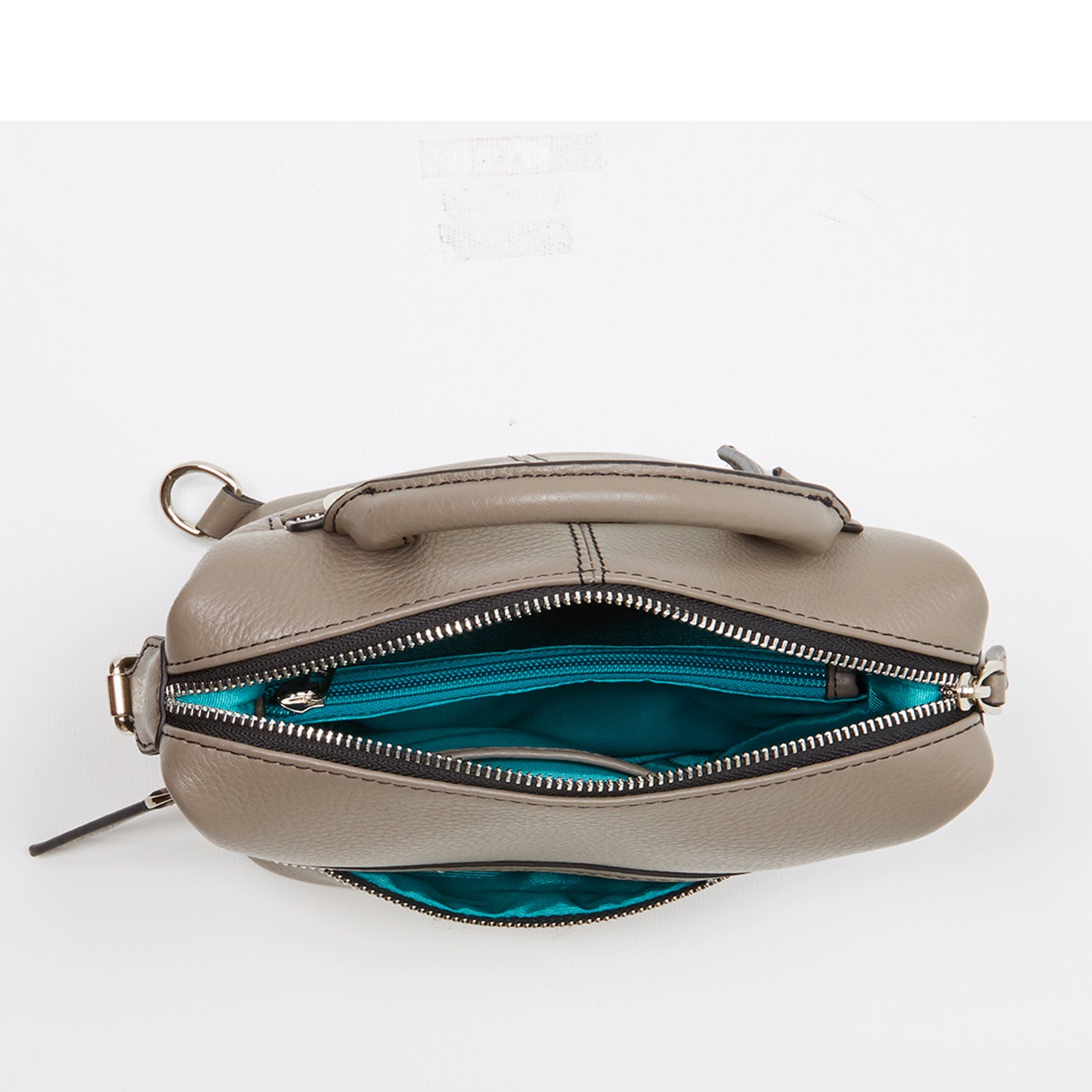 Ashley Gray Leather Backpack Purse featuring genuine pebble leather, silver zippers, and turquoise interior, showcasing its stylish and versatile design.