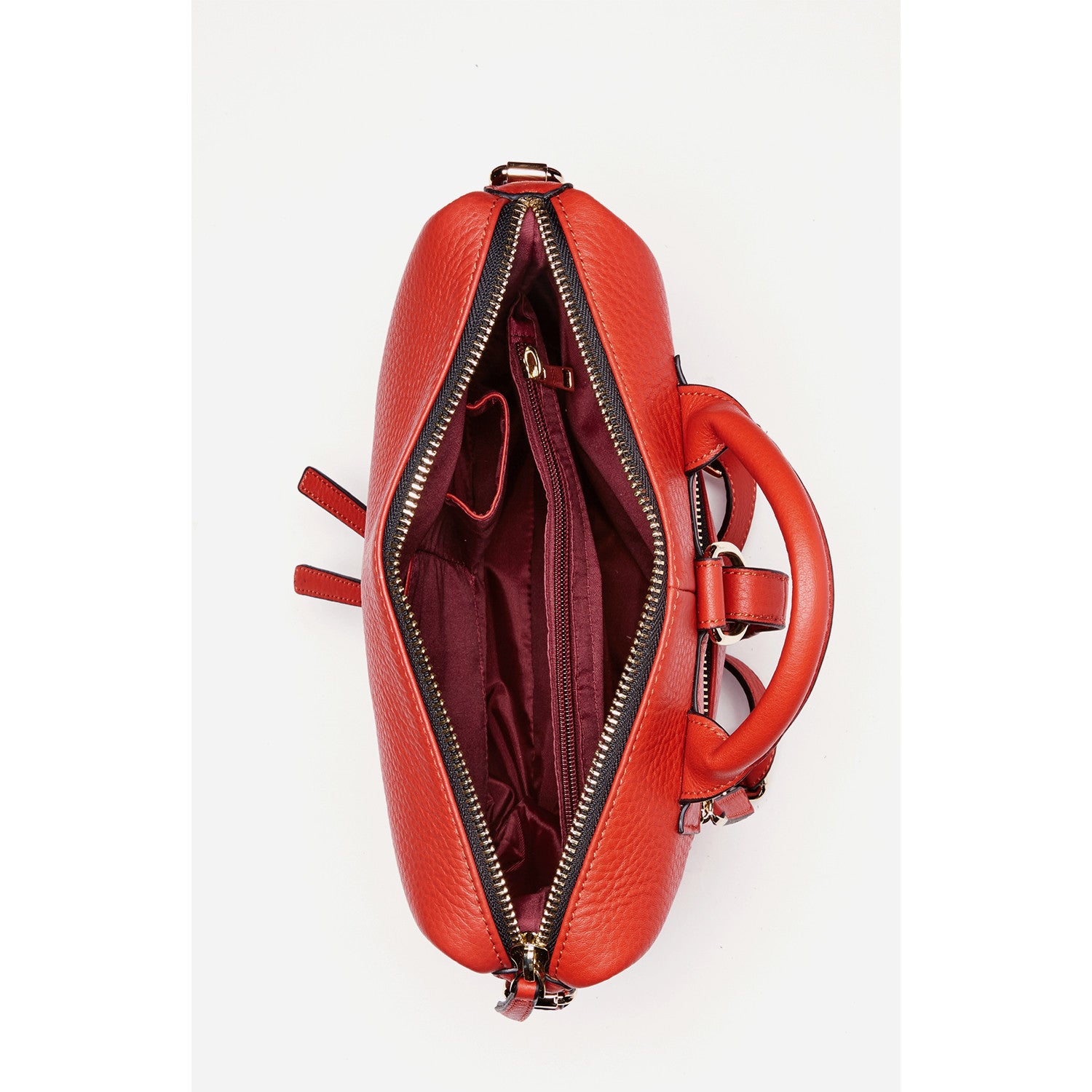 Ashley Red Leather Backpack Purse featuring genuine pebble leather, light gold zippers, and tassels, perfect for stylish everyday use.