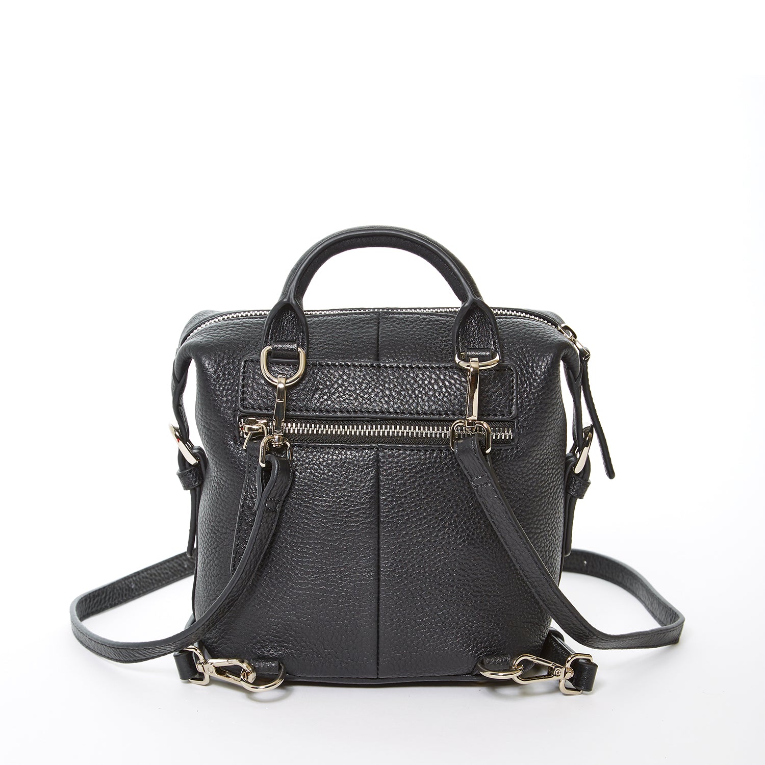 Ashley Small Black Leather Backpack featuring a sleek black exterior, red interior, and silver hardware, perfect for versatile styling.