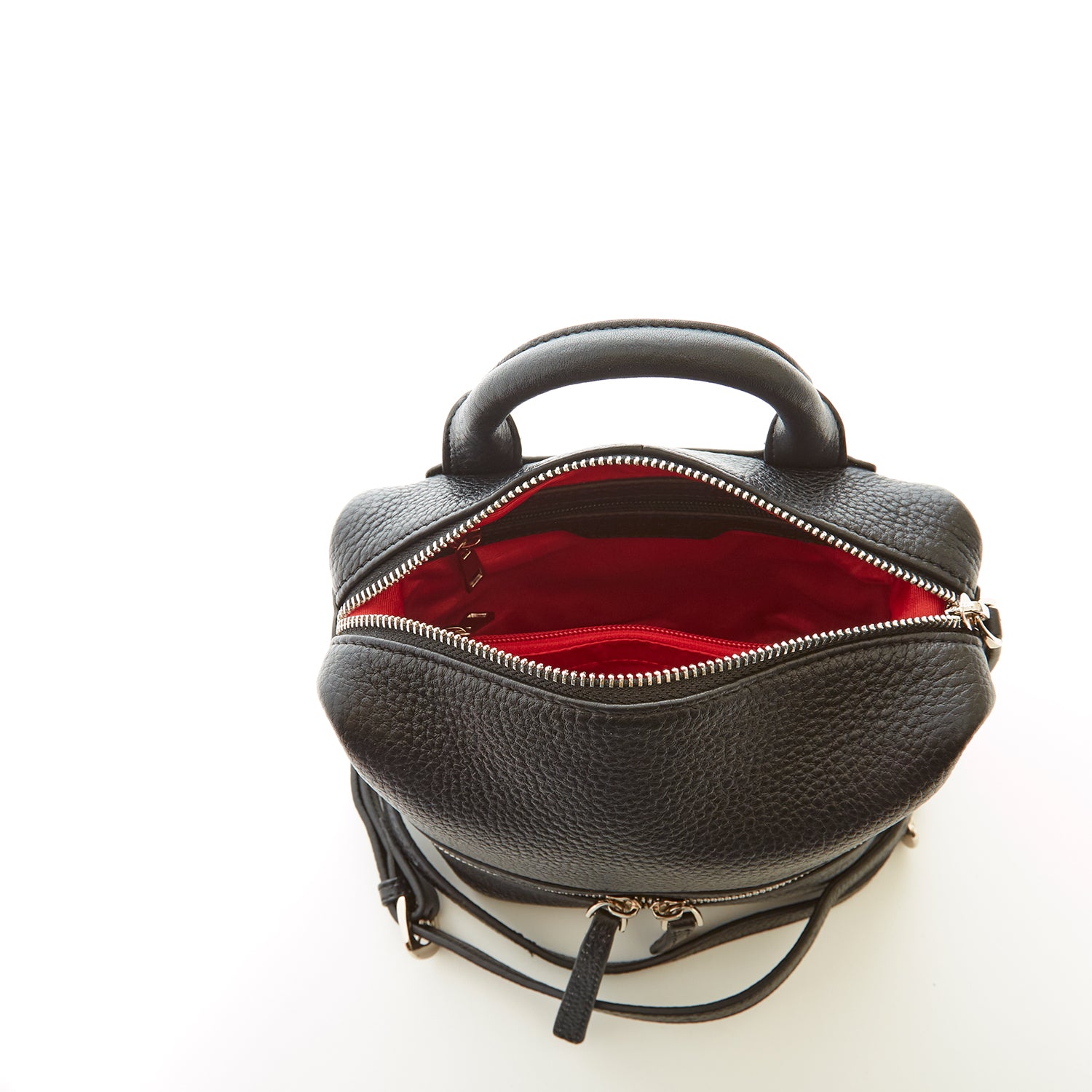 Ashley Small Black Leather Backpack featuring a sleek black exterior, red interior, and silver hardware, perfect for versatile styling.