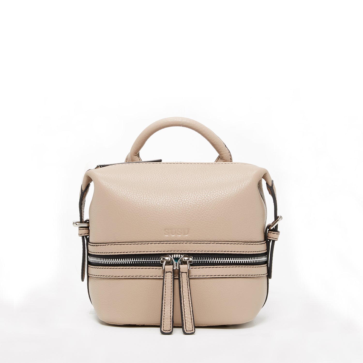 Ashley Small Leather Backpack Purse in Beige with silver zippers and leather tassels, showcasing its stylish design and practical features.