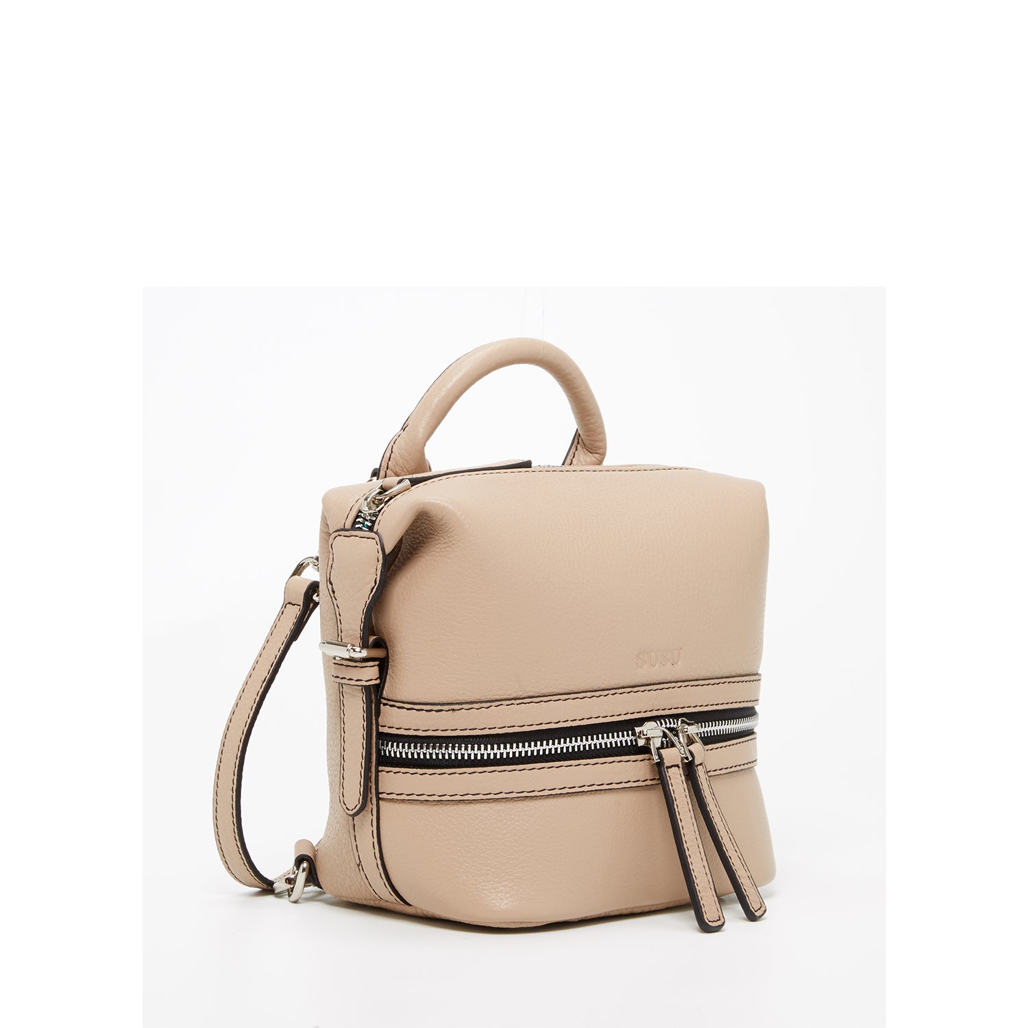 Ashley Small Leather Backpack Purse in Beige with silver zippers and leather tassels, showcasing its stylish design and practical features.