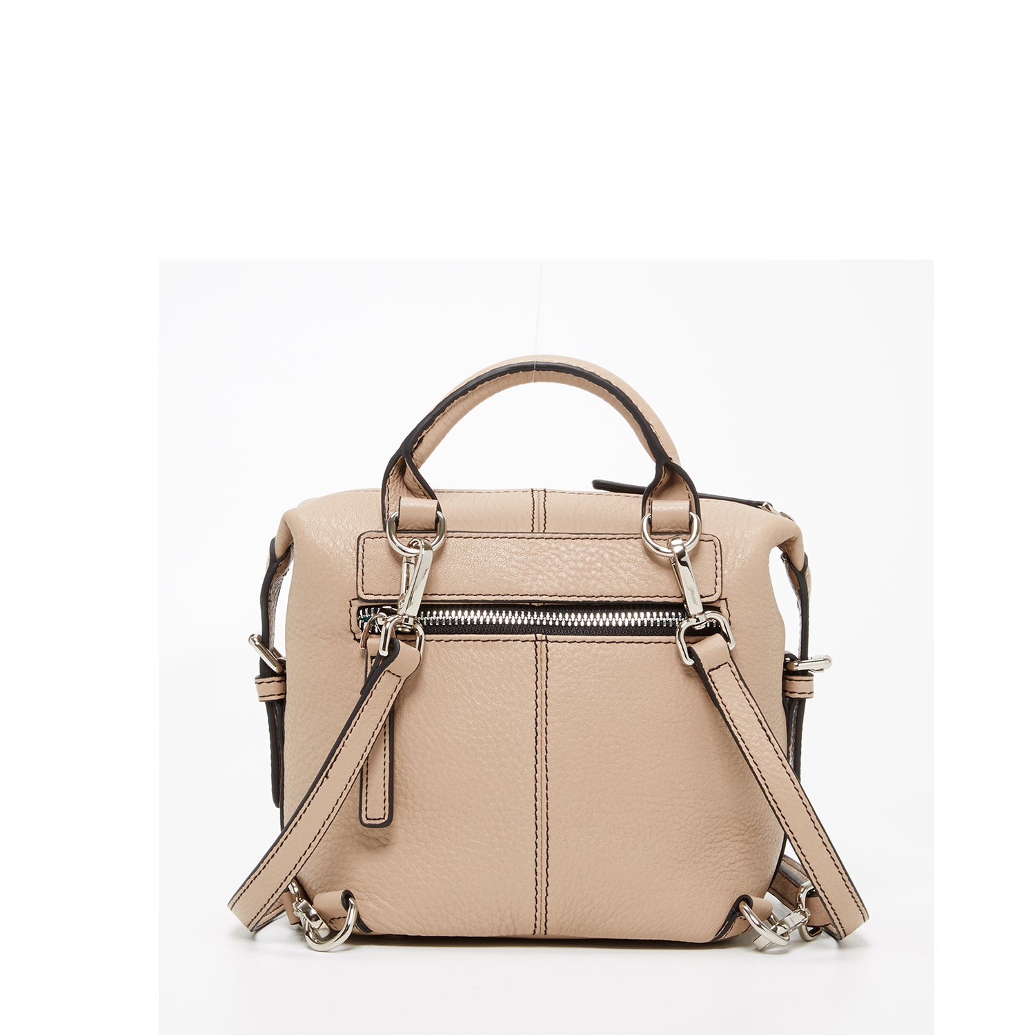 Ashley Small Leather Backpack Purse in Beige with silver zippers and leather tassels, showcasing its stylish design and practical features.