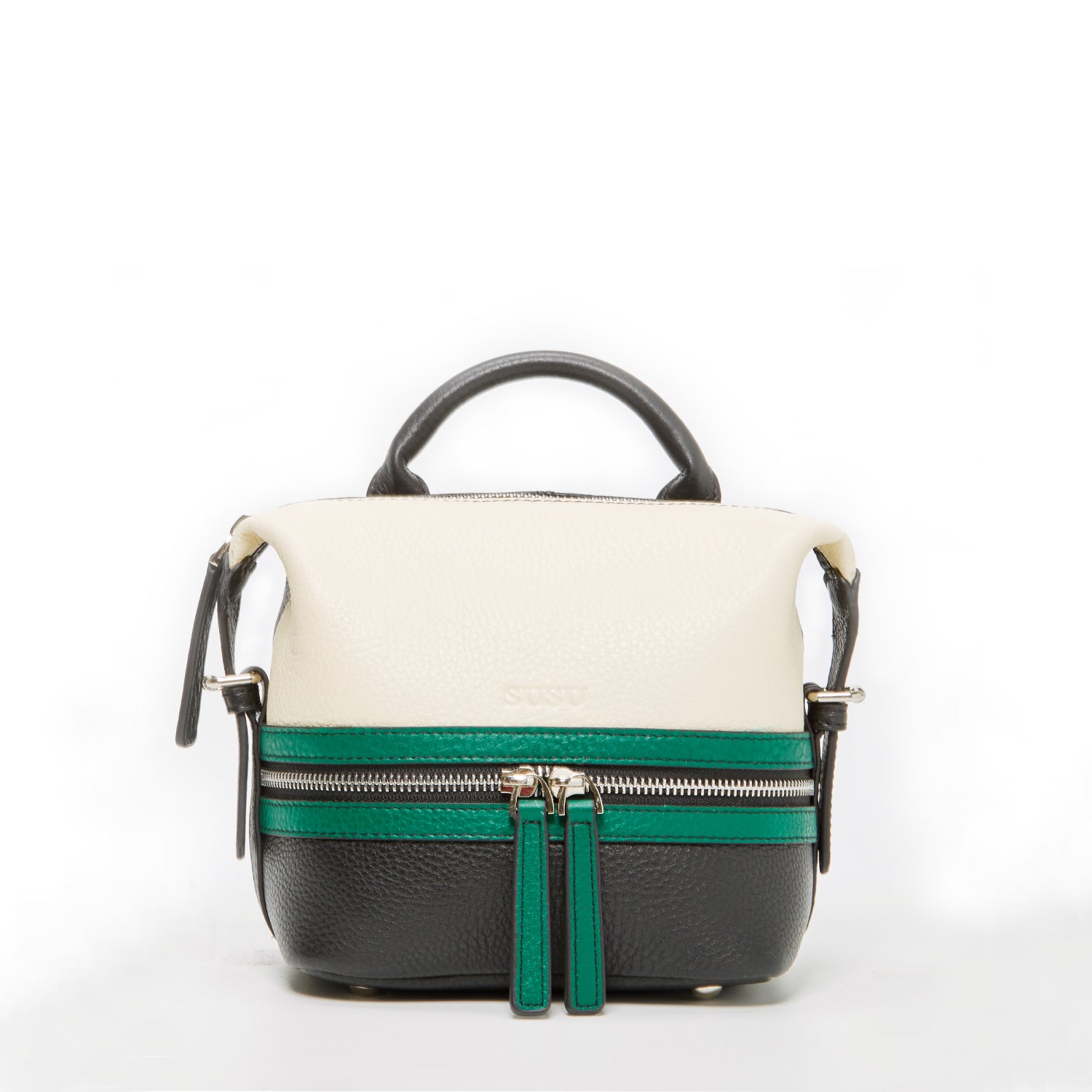 Ashley Small Leather Backpack Purse in off white, green, and black with silver hardware and leather tassels.