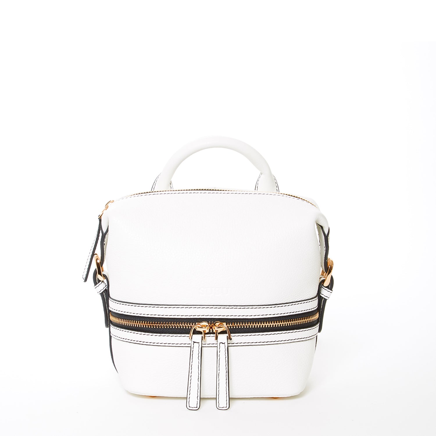 Ashley Small White Leather Backpack Purse featuring genuine pebble leather, gold hardware, and a vibrant red interior.