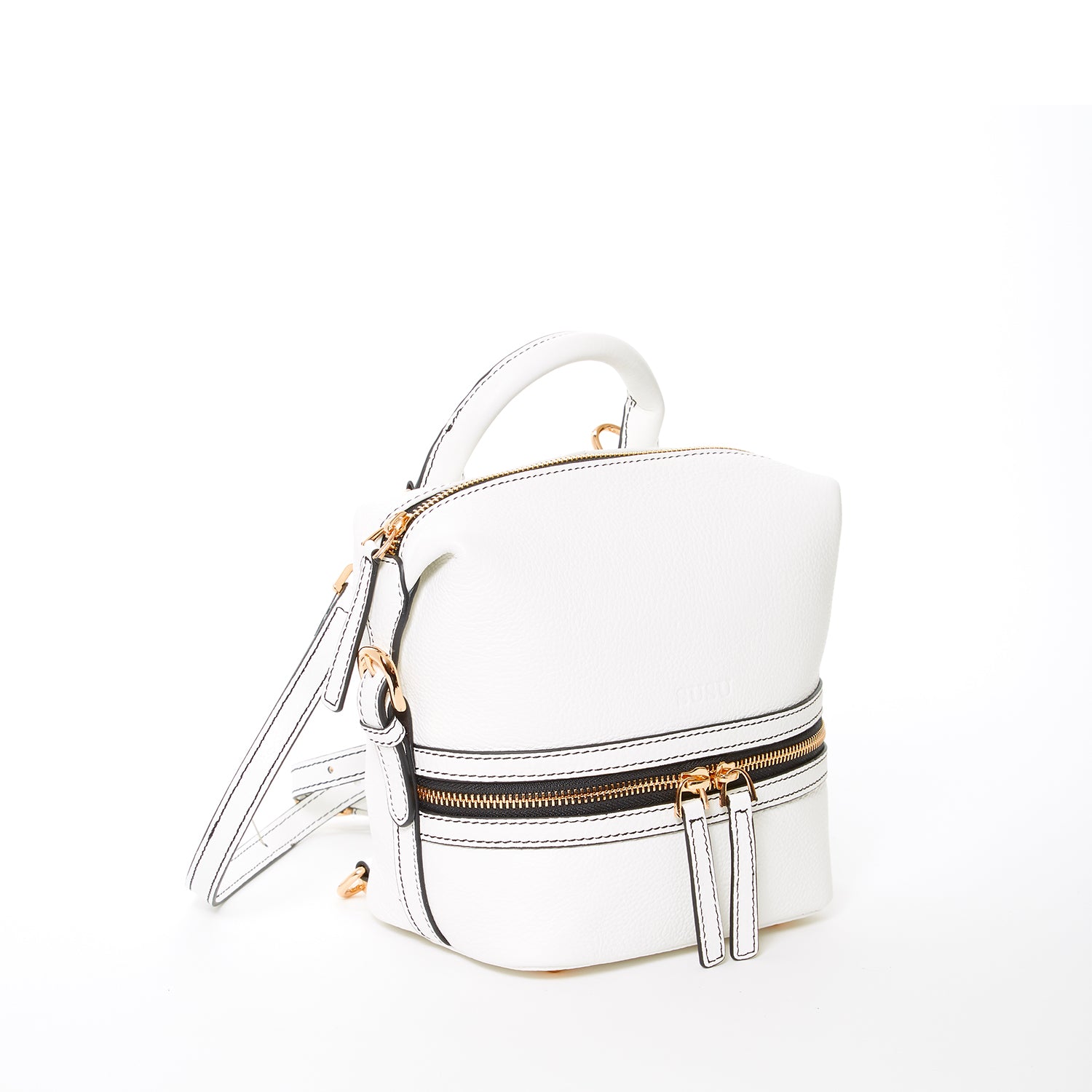 Ashley Small White Leather Backpack Purse featuring genuine pebble leather, gold hardware, and a vibrant red interior.