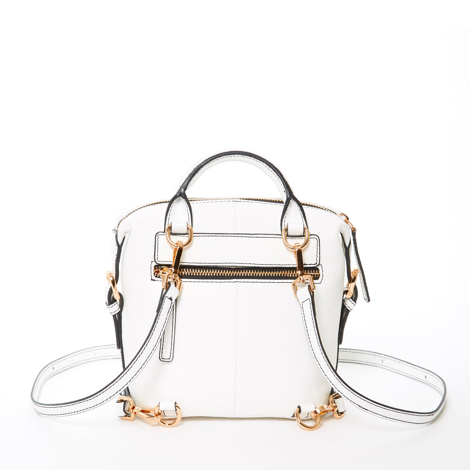 Ashley Small White Leather Backpack Purse featuring genuine pebble leather, gold hardware, and a vibrant red interior.