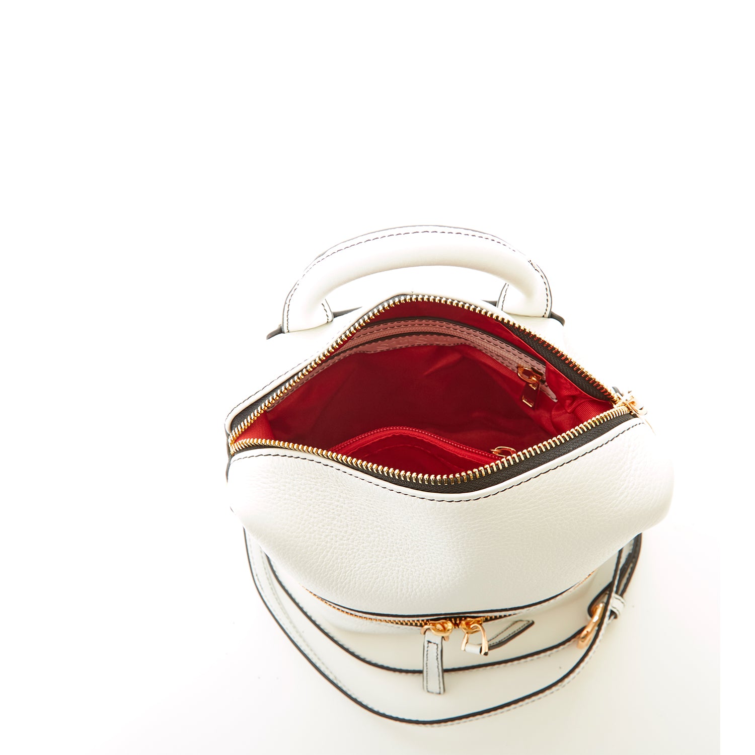 Ashley Small White Leather Backpack Purse featuring genuine pebble leather, gold hardware, and a vibrant red interior.