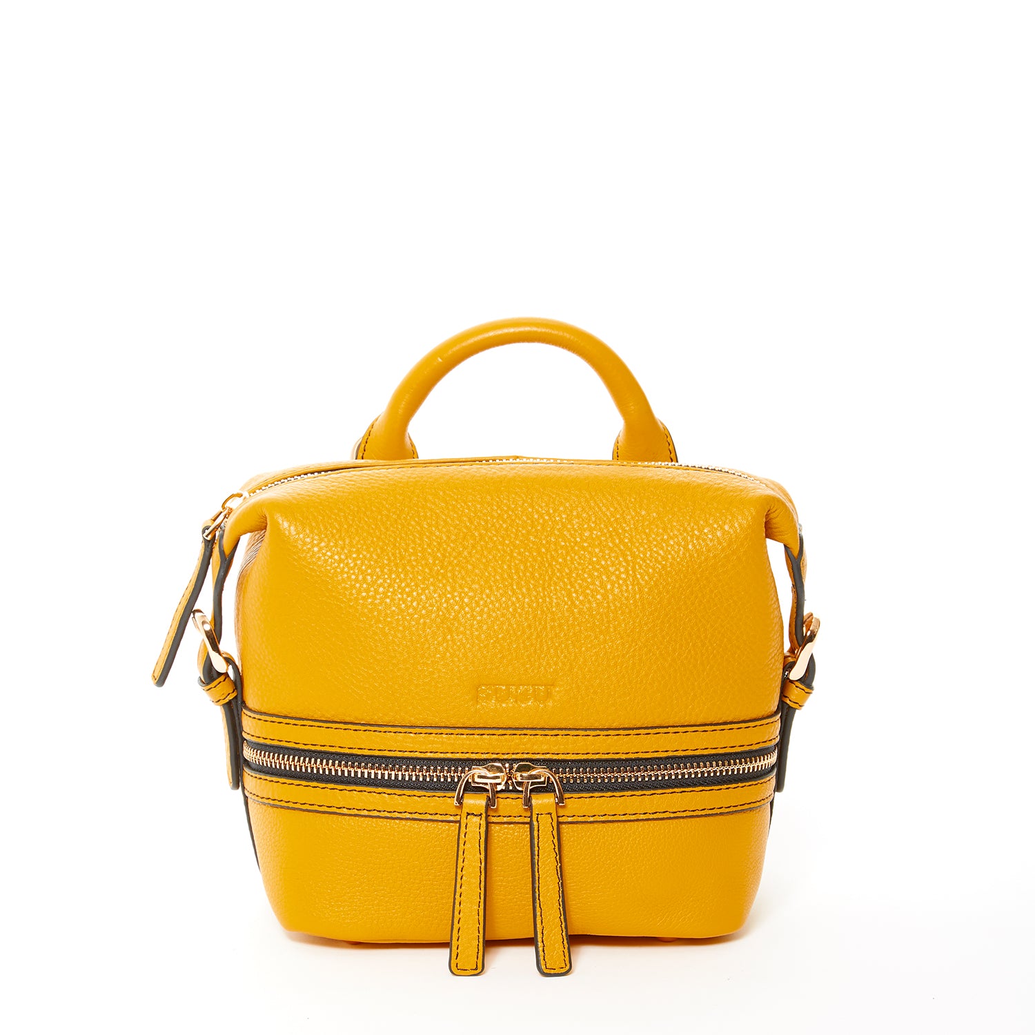 Ashley Small Yellow Leather Backpack featuring genuine pebble leather, gold zippers, and stylish tassels.