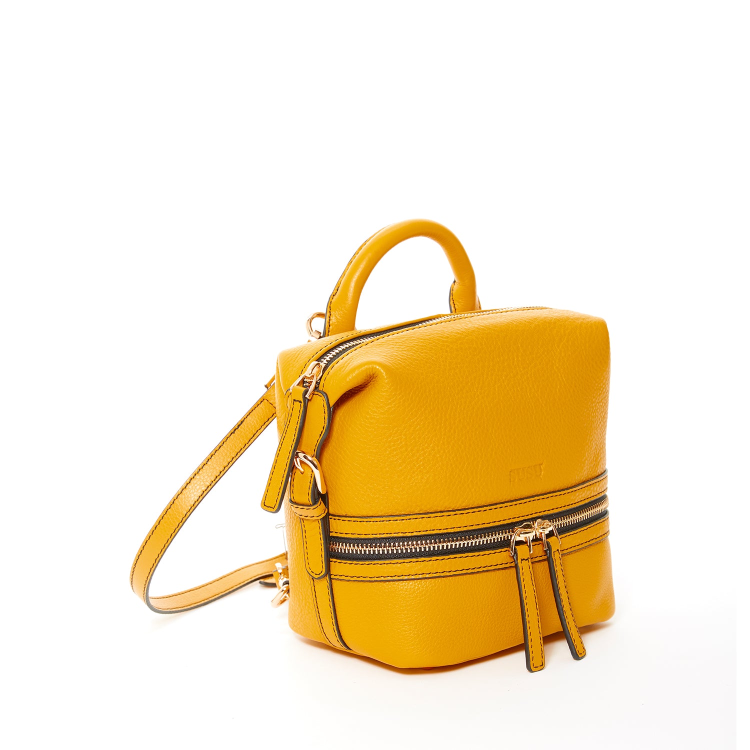 Ashley Small Yellow Leather Backpack featuring genuine pebble leather, gold zippers, and stylish tassels.