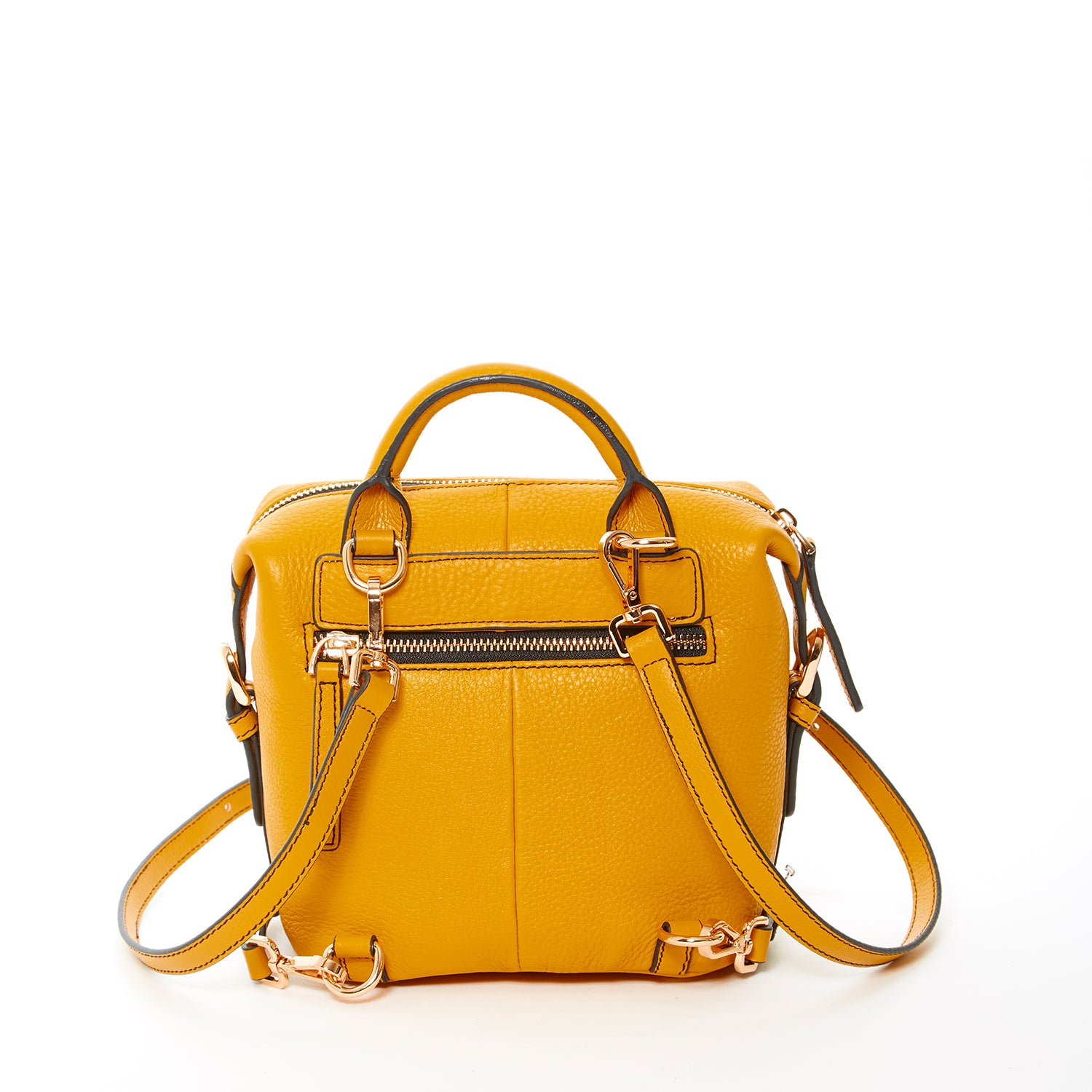 Ashley Small Yellow Leather Backpack featuring genuine pebble leather, gold zippers, and stylish tassels.