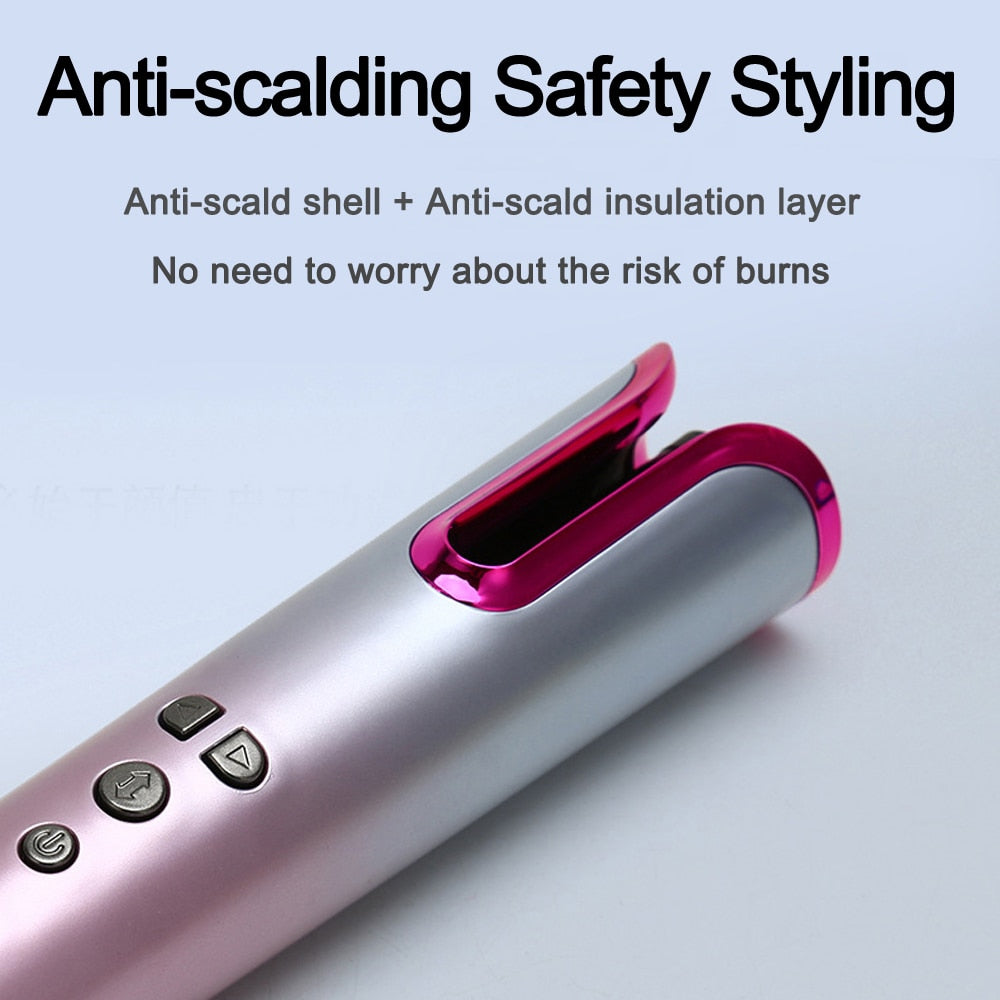 Automatic Hair Curler Wireless Rotating Curling Iron with LED display and accessories, designed for easy and safe hair styling.