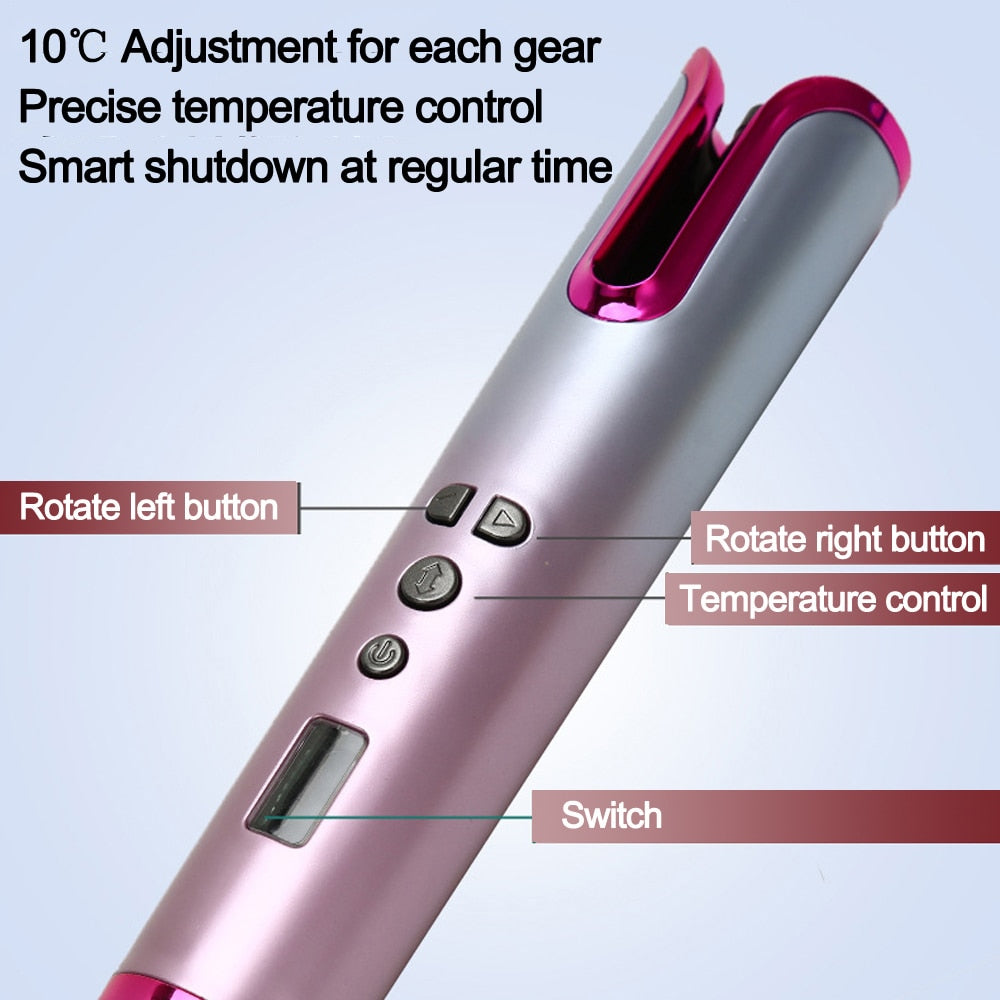 Automatic Hair Curler Wireless Rotating Curling Iron with LED display and accessories, designed for easy and safe hair styling.