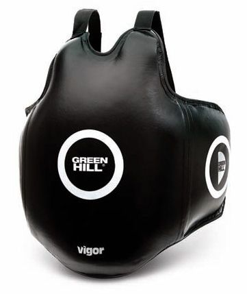 Belly Guard VIGOR made of artificial leather in black color, designed for training with adjustable straps for a secure fit.