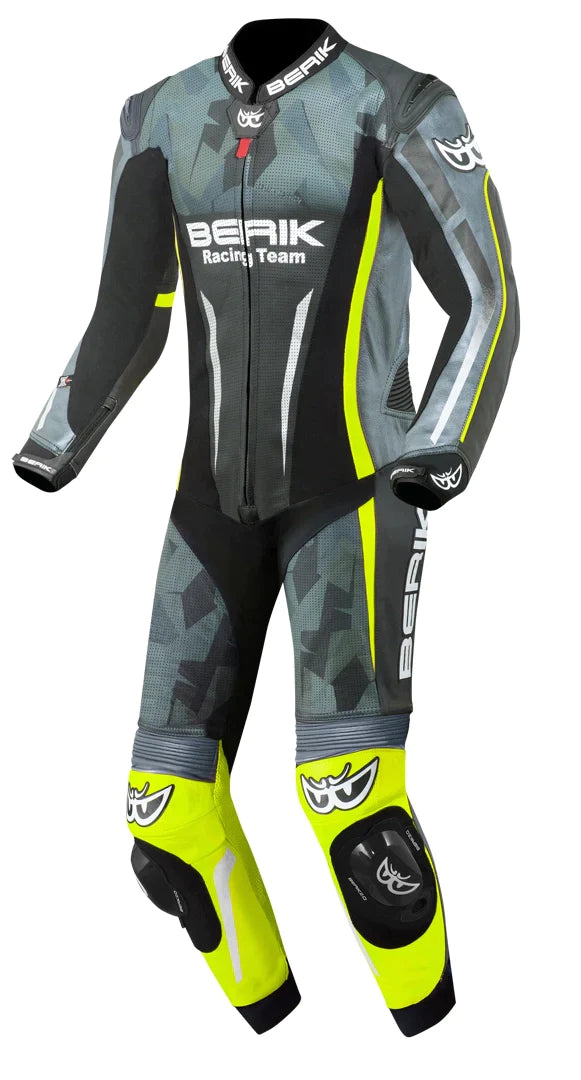 Berik Camo Track perforated One Piece Motorcycle Leather Suit showcasing its stylish design and ventilation features.