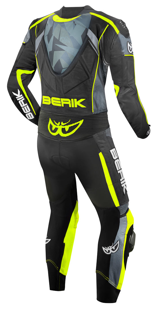 Berik Camo Track perforated One Piece Motorcycle Leather Suit showcasing its stylish design and ventilation features.