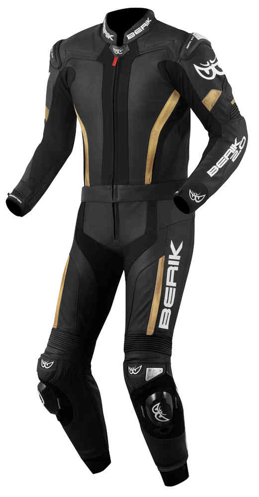 Berik Losail Two Piece Motorcycle Leather Suit showcasing premium leather, stretch fabric, and protective features for motorcycle riders.