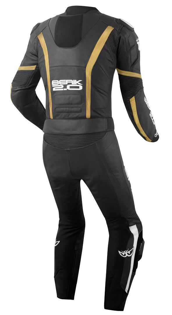 Berik Losail Two Piece Motorcycle Leather Suit showcasing premium leather, stretch fabric, and protective features for motorcycle riders.