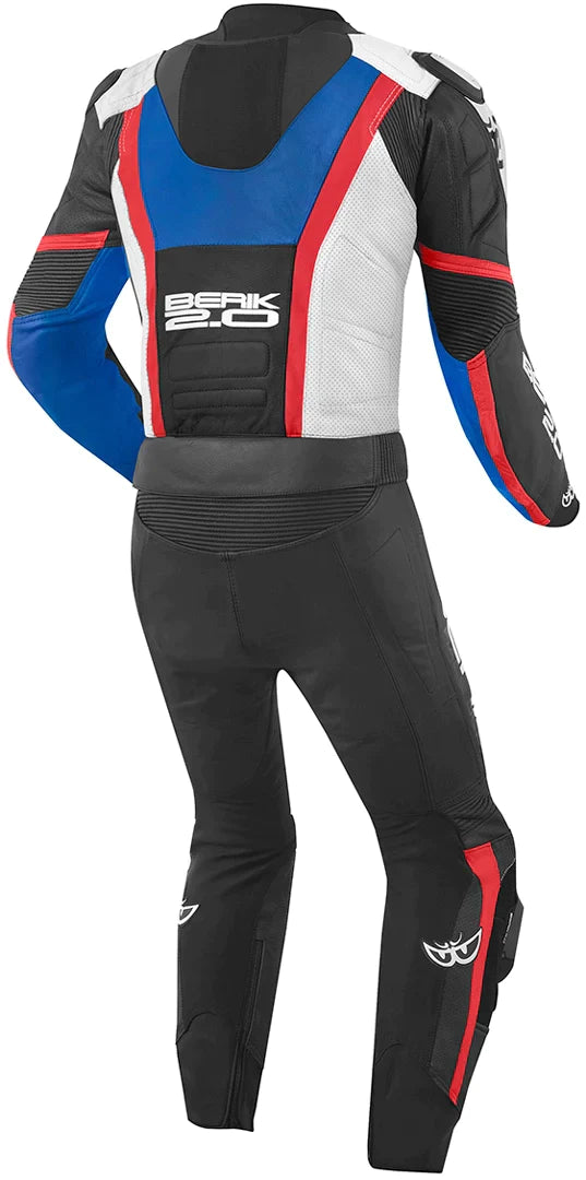 Berik Losail Two Piece Motorcycle Leather Suit showcasing premium leather, stretch fabric, and protective features.