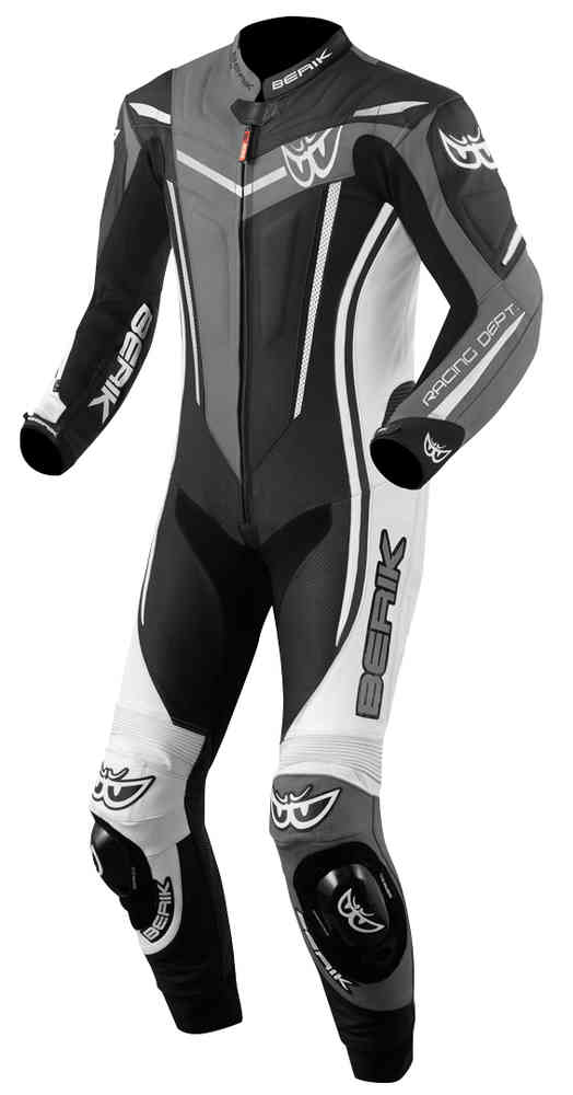 Berik Metric Evo One Piece Motorcycle Leather Suit in various colors, showcasing premium leather and aerodynamic design.