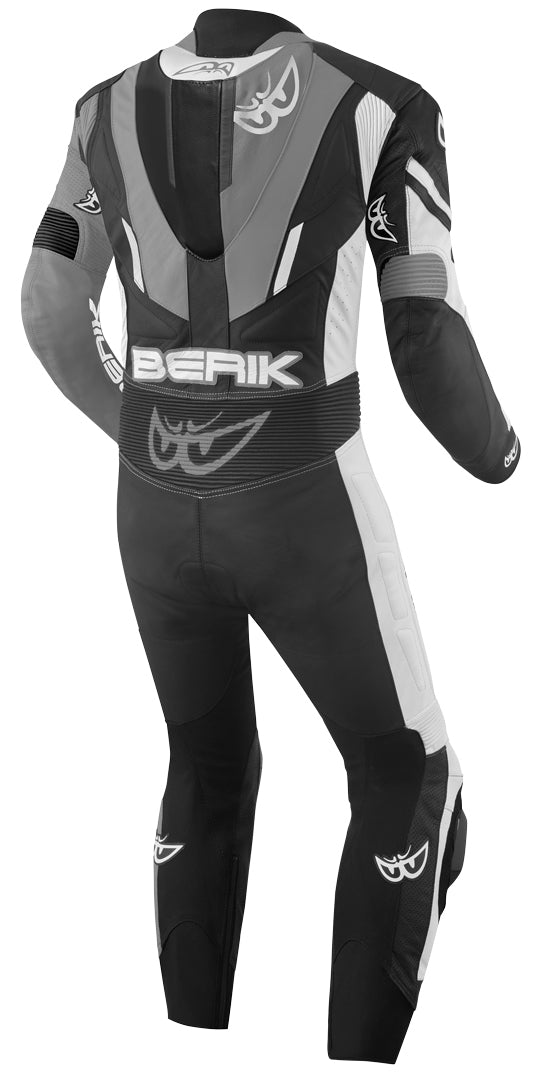 Berik Metric Evo One Piece Motorcycle Leather Suit in various colors, showcasing premium leather and aerodynamic design.