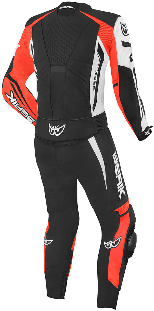 Berik Monza Two Piece Motorcycle Leather Suit showcasing full grain cowhide leather, perforated areas for ventilation, and integrated protectors.