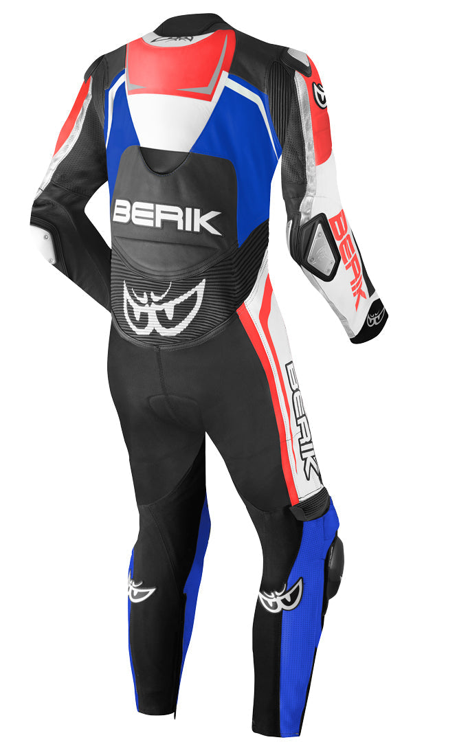 Berik Race-Tech One Piece Motorcycle Leather Suit showcasing full-grain cowhide leather and protective features.