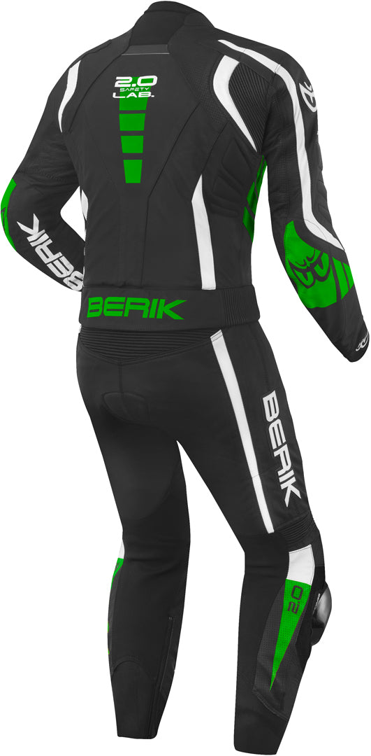 Berik Zakura Two Piece Motorcycle Leather Suit showcasing premium cow leather and flexible design features.