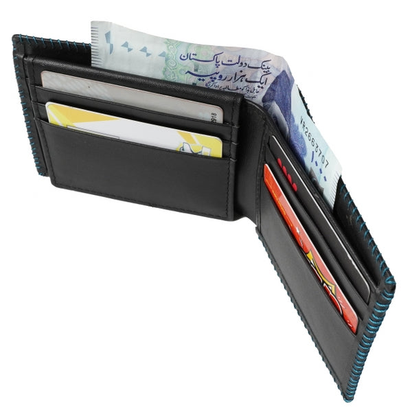 Bi-fold stitched border men's wallet made from 100% natural cow hide leather, featuring multiple card slots and cash compartments.