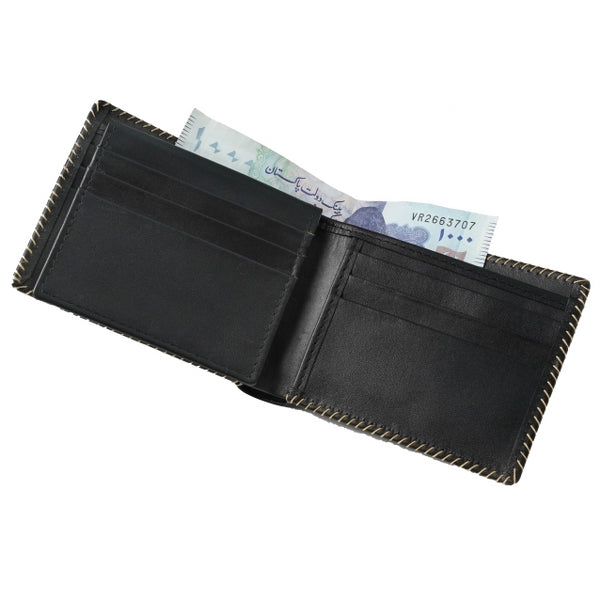 Bi-fold stitched border men's wallet made from 100% natural cow hide leather, featuring multiple card slots and cash compartments.