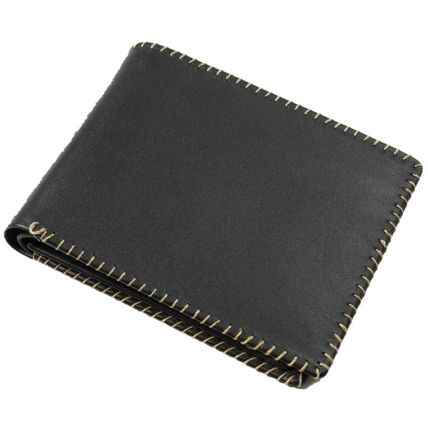 Bi-fold stitched border men's wallet made from 100% natural cow hide leather, featuring multiple card slots and cash compartments.