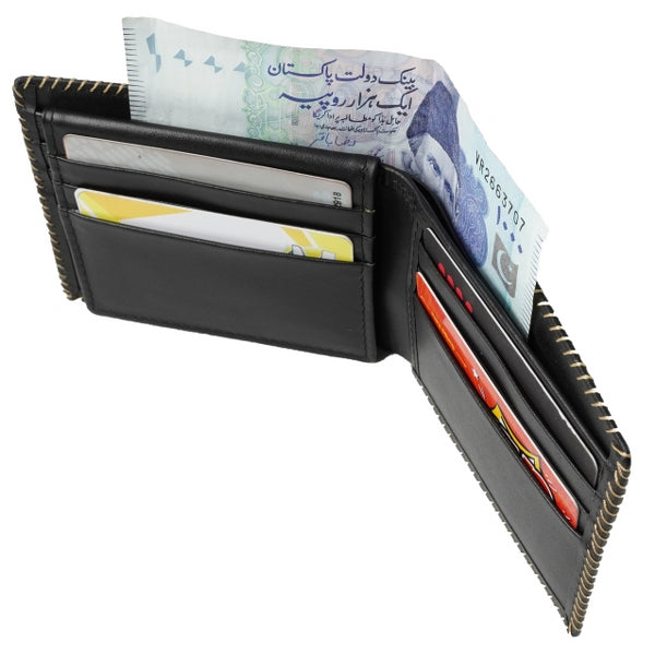 Bi-fold stitched border men's wallet made from 100% natural cow hide leather, featuring multiple card slots and cash compartments.