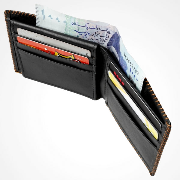 Bi-fold stitched border men's wallet made from 100% natural cow hide leather, featuring multiple card slots and cash compartments.