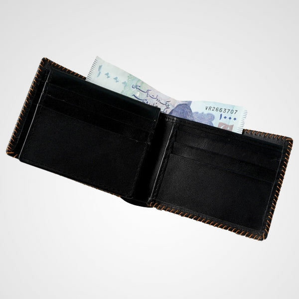 Bi-fold stitched border men's wallet made from 100% natural cow hide leather, featuring multiple card slots and cash compartments.