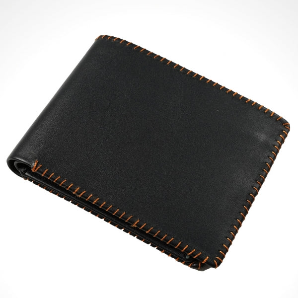 Bi-fold stitched border men's wallet made from 100% natural cow hide leather, featuring multiple card slots and cash compartments.