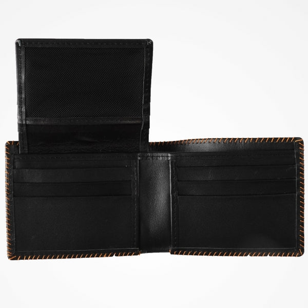 Bi-fold stitched border men's wallet made from 100% natural cow hide leather, featuring multiple card slots and cash compartments.