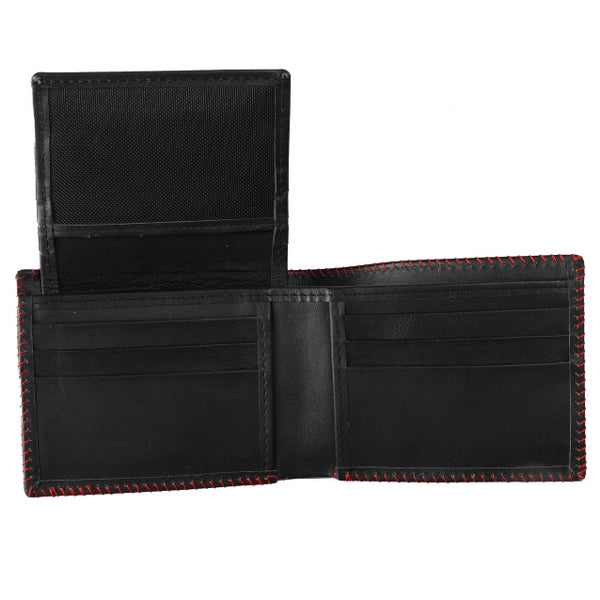 Bi-fold stitched border men's wallet made from 100% natural cow hide leather, featuring multiple card slots and cash compartments.