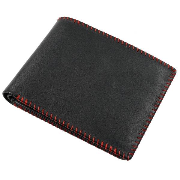 Bi-fold stitched border men's wallet made from 100% natural cow hide leather, featuring multiple card slots and cash compartments.