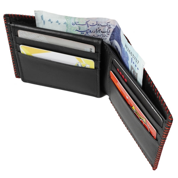 Bi-fold stitched border men's wallet made from 100% natural cow hide leather, featuring multiple card slots and cash compartments.