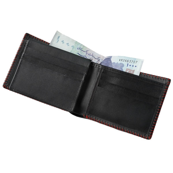 Bi-fold stitched border men's wallet made from 100% natural cow hide leather, featuring multiple card slots and cash compartments.