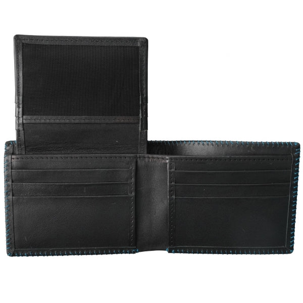 Bi-fold stitched border men's wallet made from 100% natural cow hide leather, featuring multiple card slots and cash compartments.