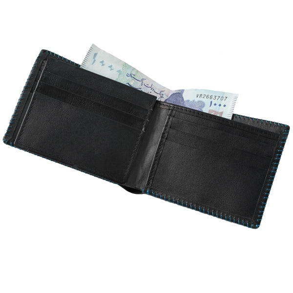 Bi-fold stitched border men's wallet made from 100% natural cow hide leather, featuring multiple card slots and cash compartments.