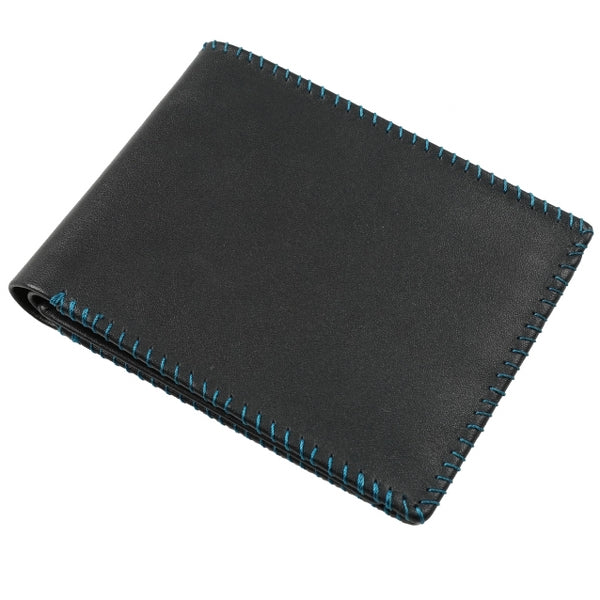 Bi-fold stitched border men's wallet made from 100% natural cow hide leather, featuring multiple card slots and cash compartments.