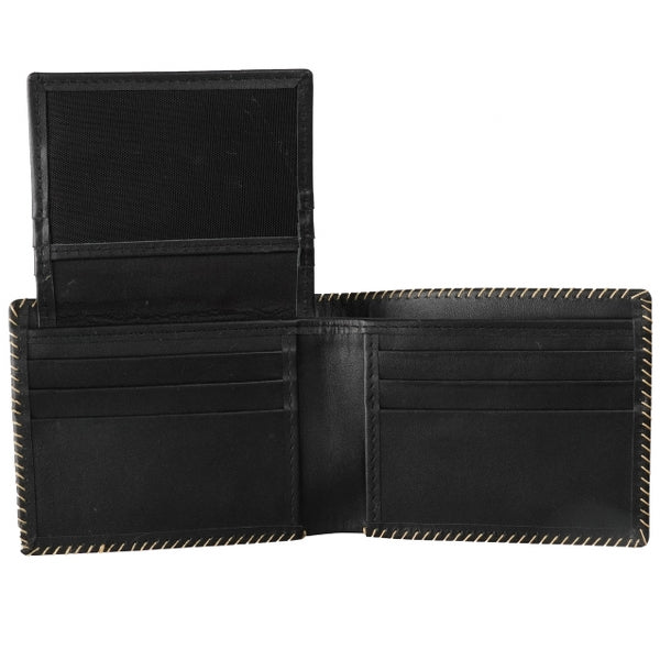 Bi-fold stitched border men's wallet made from 100% natural cow hide leather, featuring multiple card slots and cash compartments.