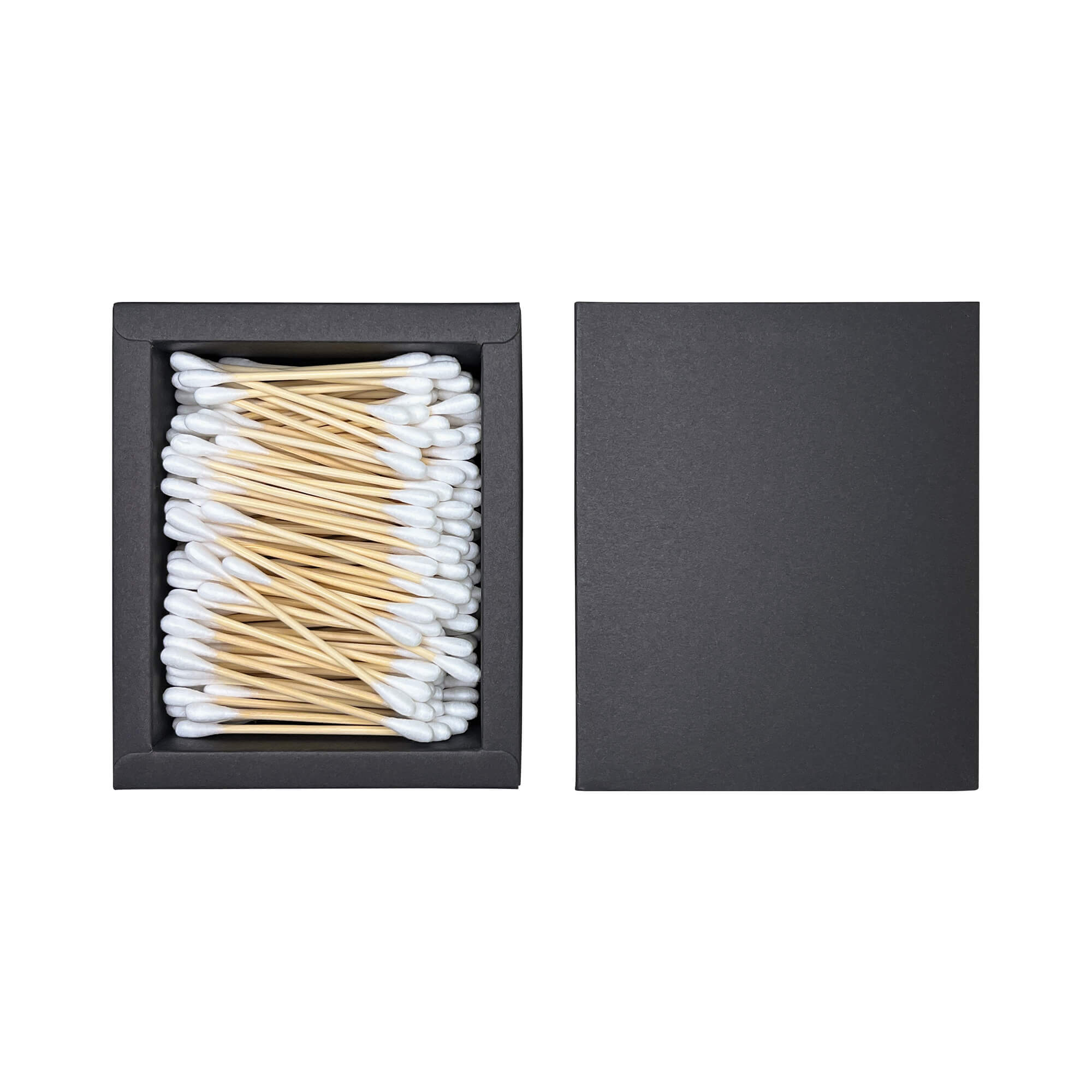 A box of biodegradable cotton swabs made from 100% pure cotton and bamboo stems, showcasing eco-friendly beauty products.