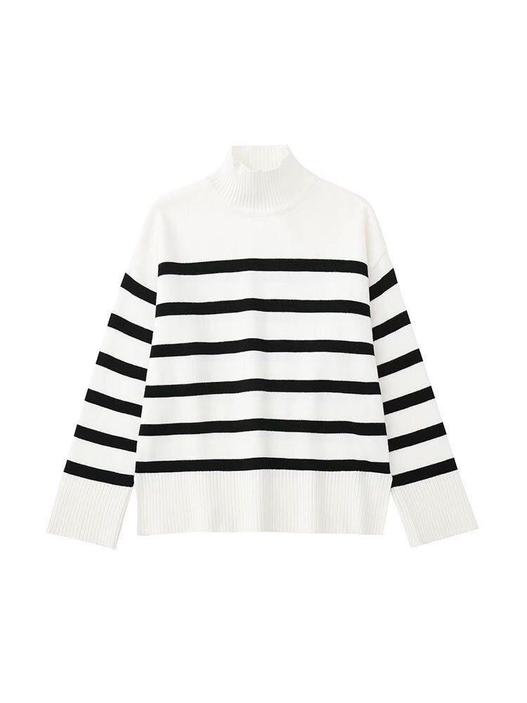 A stylish black and white striped knitted sweater with a turtleneck, perfect for autumn and winter wear.